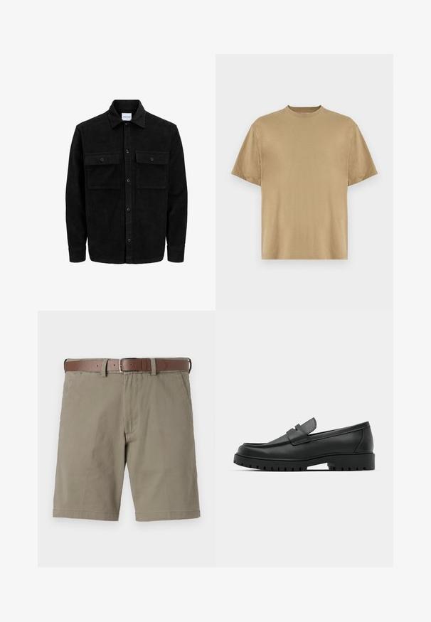 Veste en velours côtelé noire à boutons, avec deux poches à rabat à l'avant et un col classique, des manches longues et une texture côtelée.; T-shirt khaki à manches courtes en tissu doux, avec un col rond et une coupe décontractée. Aucun motif ou graphique visible.; Shorts beiges à coupe décontractée, fabriqués en coton. Présentent une ceinture en cuir marron, des poches avant et une finition d'ourlet propre.; Mocassins en cuir noir à bout arrondi, avec un design cousu, une semelle plateforme basse et une semelle en caoutchouc texturée et crantée.