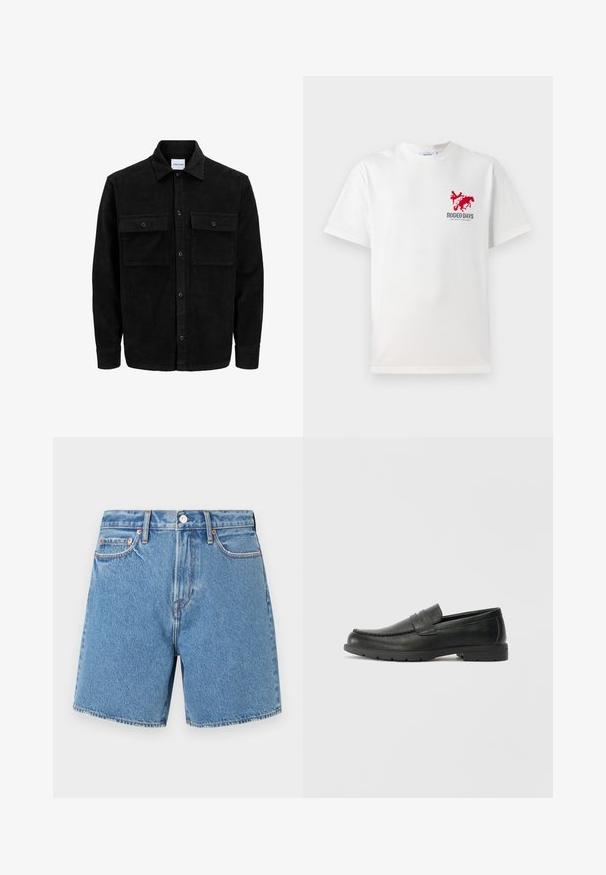 Schwarze Corduroy-Button-Up-Jacke mit zwei frontalem Klappentaschen und klassischem Kragen, langen Ärmeln und gerippter Textur.; Weißes Baumwoll-T-Shirt mit einem roten Cowboy- und Pferde-Graphic auf der linken Brust und dem Text "RODEO DAYS" unterhalb des Designs.; Jeansshorts in hellblau. Durchgehender Stoff mit fünf Taschen, einem Knopfverschluss und dezenten Nähten entlang der Nähte und Taschen.; Schwarze Lederloafers mit glatter Oberfläche, Mokassin-oberteil, genähten Details und Gummisohle. Klassisches Design mit niedrigem Absatz.