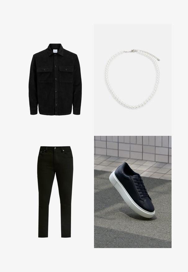 Črna kordurojska jakna z gumbi, z dvema sprednjima žepoma z zavihkom in klasičnim ovratnikom, dolgimi rokavi ter rebrasto teksturo.; Črna majica iz bombaža z kratkimi rokavi. Na sprednji strani ima zeleno logotip "ROOTS", okroglo ovratnico in standardno prileganje.; Črne kavbojke iz džinsa s slim fit krojem, ki imajo klasičen pet-pocket dizajn, kovinsko zaponko in subtilne šivane detajle.; Črne usnjene superge z zaobljenim prstom in belim gumijastim podplat. Imajo ravne vezalke in minimalno šivanje na zgornjem delu. Teksturirani podplat za oprijem.; Bela biserna ogrlica z enakomerno okroglo obliko, gladko površino in kovinsko zaponko z raztegnjeno verigo za prilagodljivo dolžino.