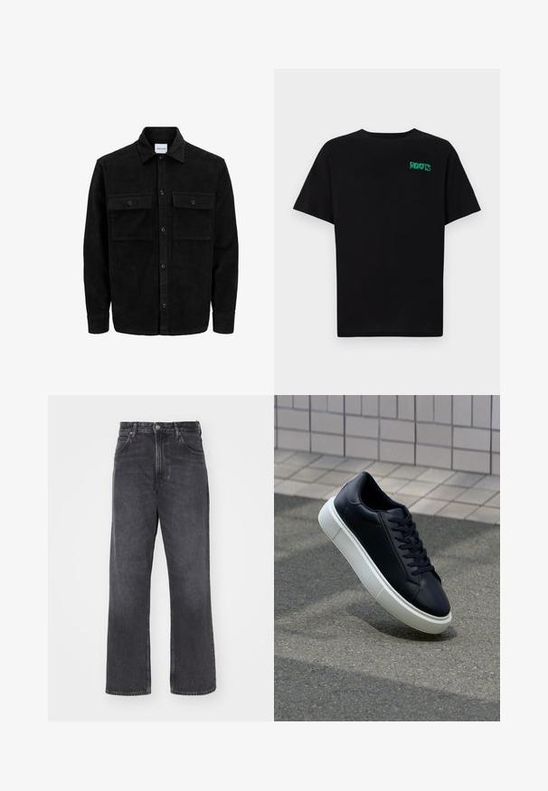 Černá kordurová košile s knoflíky, dvěma předními klopovými kapsami a klasickým límcem, dlouhými rukávy a vroubkovanou texturou.; Černé tričko vyrobené z bavlny s krátkým rukávem. Na přední straně se nachází zelené logo "ROOTS", kulatý výstřih a standardní střih.; Černé džíny s vysokým pasem a rovnými širokými nohavicemi. Obsahují pět kapes, zapínání na knoflík a zip a jemné blednutí na látce.; Černé kožené tenisky s kulatou špičkou a bílou gumovou podrážkou. mají ploché tkaničky a minimální šití na svršku. Texturovaná podrážka pro lepší přilnavost.
