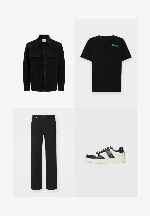 Jachetă din catifea neagră, cu butoni, două buzunare frontale cu clapetă și un guler clasic, mâneci lungi și textură ribbed.; Tricou negru din bumbac, cu mâneci scurte. Prezintă un logo verde "ROOTS" pe față, guler rotund și o potrivire standard.; Jeans negri din denim cu design drept, dotate cu închidere cu buton, cinci buzunare și accente de hardware de culoare cupru.; Tenisi din piele cu un scheme de culori negru și crem, dotati cu accente perforate, guler căptușit și o talpă texturată.