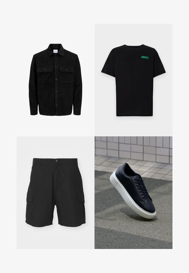 Zwarte corduroy knopenjack met twee voorste klepzakken en een klassieke kraag, lange mouwen en ribbelstructuur.; Zwarte T-shirt van katoen met korte mouwen. Heeft een groen "ROOTS" logo op de voorkant, een ronde halslijn en een standaard pasvorm.; Zwarte cargoshorts van lichtgewicht stof, met twee zijzakken, een knoopsluiting en een ontspannen pasvorm tot net boven de knie.; Zwarte leren sneaker met een ronde neus en een witte rubberen zool. Voorzien van platte veters en minimale stiksels op het bovenwerk. Textuurrijke zool voor grip.