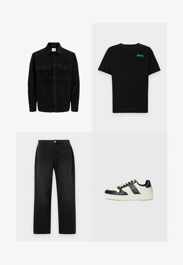 Veste en velours côtelé noire à boutons, avec deux poches à rabat à l'avant et un col classique, des manches longues et une texture côtelée.; T-shirt noir en coton à manches courtes. Présente un logo "ROOTS" vert sur le devant, un col rond et une coupe standard.; Jeans en denim noir avec une coupe droite. Équipés d'une fermeture à bouton, de passants de ceinture et de deux poches latérales. Texture lisse, sans motifs visibles.; Baskets en cuir avec un schéma de couleurs noir et crème, dotées d'accents perforés, d'un col rembourré et d'une semelle texturée.