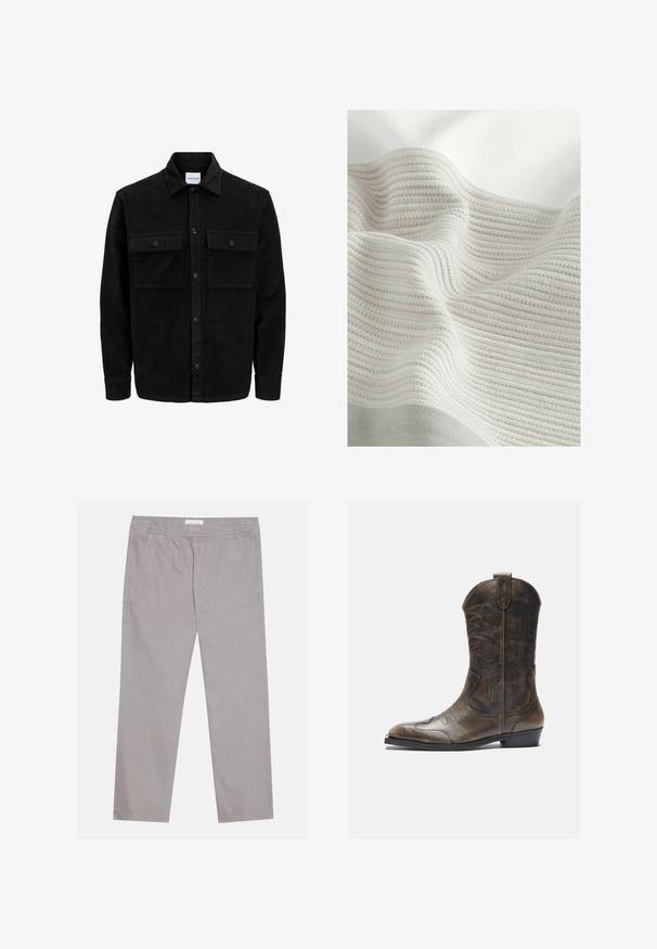 Mustmustöös nupuga jope, millel on kaks eesmist klapiga taskut ja klassikaline kaelus, pikad varrukad ning ribakujuline tekstuur.; Tekstuuriga kangas, millel on heledad hallid ja kreemjad triibud. Pehme materjal lainetava välimusega, rõhutades kootud mustrit ja õrnu voldikesi.; Heledad hallid puuvillased püksid, millel on elastne vöökoht, kaks külgtaskut, sirge jala disain ja sile tekstuur. Lihtne õmbluse detail.; Pruun nahast cowboy saapad, millel on pikk vars, terav varvas, keerukad õmblusmustrid ja väike konts. Ühtlane tekstuur kogu ulatuses.