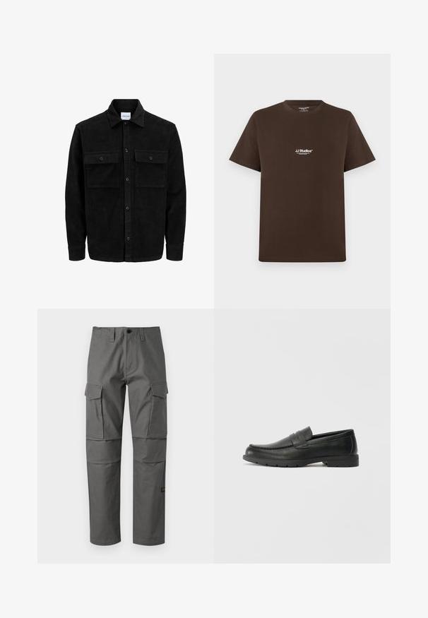 Črna kordurojska jakna z gumbi, z dvema sprednjima žepoma z zavihkom in klasičnim ovratnikom, dolgimi rokavi ter rebrasto teksturo.; Rjava bombažna majica s kratkimi rokavi, okroglo ovratnikom in majhnim belim logotipom na prsih. Gladka tekstura in običajen kroj.; Sive cargo hlače iz trpežne tkanine, z ravnim krojem, več stranskimi žepi in vidnimi šivi.; Črne usnjene loafer čevlje z gladko površino, zgornjim delom v slogu mokasin, šivanimi detajli in gumijastim podplatom. Klasična zasnova z nizko peto.