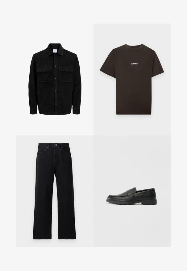 Veste en velours côtelé noire à boutons, avec deux poches à rabat à l'avant et un col classique, des manches longues et une texture côtelée.; T-shirt en coton noir à manches courtes et col rond, avec le logo "JJ Studios" en blanc au centre devant. Texture lisse.; Jean en denim noir avec une coupe droite, cinq poches, détails en métal cuivré et un design minimaliste avec une finition légèrement texturée.; Mocassins en cuir noir avec une finition lisse, tige de style moccasin, détails cousus et semelle en caoutchouc. Design classique avec un talon bas.