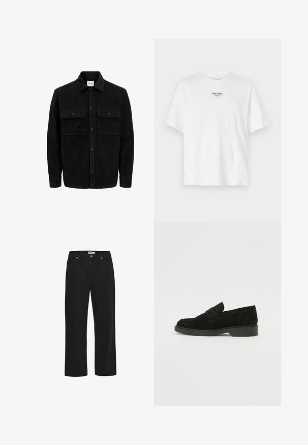 Mustmustöös nupuga jope, millel on kaks eesmist klapiga taskut ja klassikaline kaelus, pikad varrukad ning ribakujuline tekstuur.; Valge puuvillane t-särkk, ümar kaelus, lühikesed varrukad ja trükitud logo rinnal, millel on kirjas "ESS.WRD.". Minim алдdisain.; Mustad denim püksid otse lõikega, viie taskuga disain, vaskdetailid ja tugev vöökoht. Sile tekstuur, lihtne stiil.; Mustad sametist loafers madala kontsaga, millel on lihtne riba ülaservas ja tekstuuritud detailid külgedel.