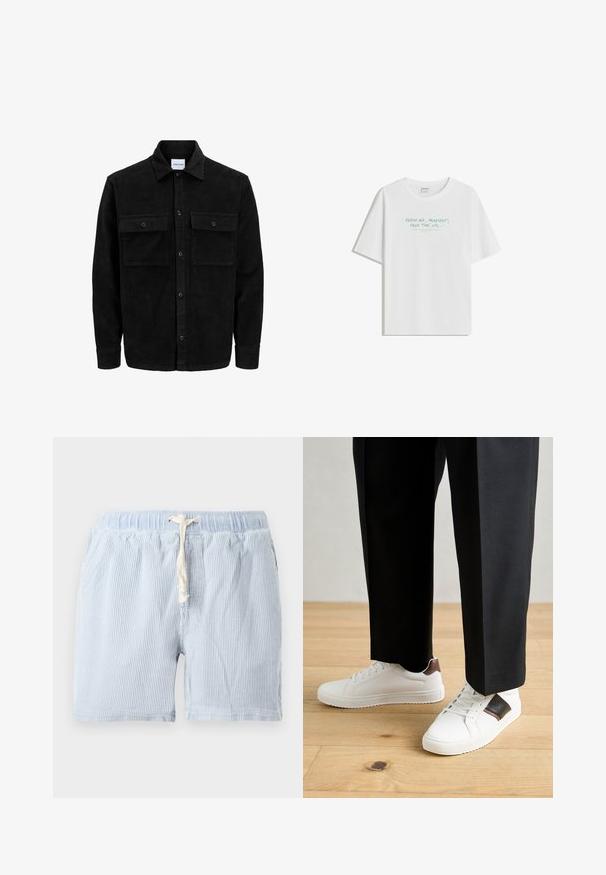 Čierna kordúrová bunda s gombíkmi, dvoma prednými vreckami so záklopkou a klasickým golierom, dlhými rukávmi a ryhovanou textúrou.; Biela bavlnená tričko s voľným strihom, okrúhlym výstrihom a svetlozeleným textom: "ČERSTVÝ VZDUCH, PLAYLIST, VOĽNÝ ČAS, a pod..." na prednej strane.; Svetlomodré pruhované šortky vyrobené z mäkkej tkaniny s elastickým pásom a šnúrkou. Obsahujú bočné vrecká a majú voľný strih.; Biele tenisky s hladkým povrchom, s hnedými koženými akcentmi a čiernymi detailmi, spárované s čiernymi elegantnými nohavicami. Pozadím je drevená podlaha.