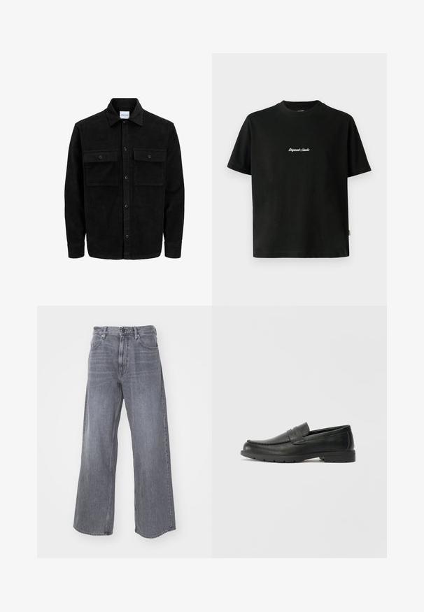 Melnas kordūru pogu jaka ar divām priekšējām atloka kabatām un klasisku apkakli, garām piedurknēm un ribotu tekstūru.; Melnas kokvilnas T-krekls ar īsām piedurknēm, ar baltu izšūtu tekstu "Original Studio" krūšu daļā un apaļu kakla izgriezumu.; G-STAR TYPE - Brīvi džinsi - worn in rock; Melnas ādas loafers ar gludu apdari, mokasīnu stila augšdaļu, šūtu detalizāciju un gumijas zoli. Klasisks dizains ar zemu papēdi.
