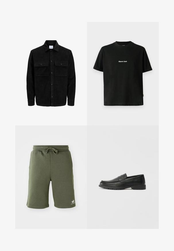 Črna kordurojska jakna z gumbi, z dvema sprednjima žepoma z zavihkom in klasičnim ovratnikom, dolgimi rokavi ter rebrasto teksturo.; Črna bombažna majica s kratkimi rokavi, ki ima belo vezeno besedilo "Original Studio" na prsih in okrogel izrez.; Olivno zeleni šortsi iz mehkega blaga, z vrvico v pasu, stranskimi žepi in natisnjeno logotipom na spodnji desni strani.; Črne usnjene loafer čevlje z gladko površino, zgornjim delom v slogu mokasin, šivanimi detajli in gumijastim podplatom. Klasična zasnova z nizko peto.
