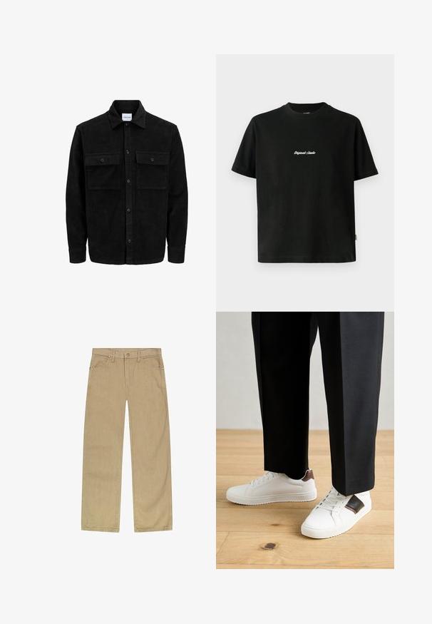 Melnas kordūru pogu jaka ar divām priekšējām atloka kabatām un klasisku apkakli, garām piedurknēm un ribotu tekstūru.; Melnas kokvilnas T-krekls ar īsām piedurknēm, ar baltu izšūtu tekstu "Original Studio" krūšu daļā un apaļu kakla izgriezumu.; Beidzot bēša kokvilnas tweed bikses ar taisnas kāju dizainu, piecām kabatām, priekšējo pogu aizdari un vara toni kniedēm izturībai.; Baltā pārsoļa apavi ar gludu tekstūru, papildināti ar brūniem ādas akcentiem un melniem elementiem, savienoti ar melnām pielāgotām biksēm. Koka grīdas fons.