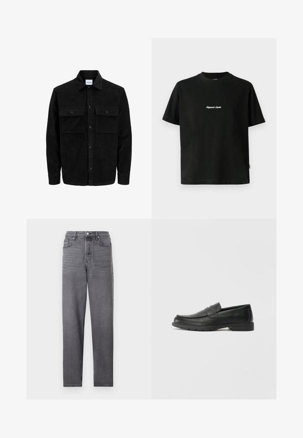 Crni kožni kord jakna na dugmad s dva prednja džepa s preklopom i klasičnim ovratnikom, dugim rukavima i rebrastom teksturom.; Crna pamučna majica sa kratkim rukavima, sa bijelim izvezenim natpisom "Original Studio" na prsima i okruglim izrezom.; Sive traperice s ravnim nogavicama, pet džepova, metalnim zatvaranjem i suptilnim izblijedjelim dezenom.; Crne kožne mokasine s glatkom površinom, gornji dio u stilu mokasina, ojačani šavovi i gumeni potplat. Klasičan dizajn s niskom petom.