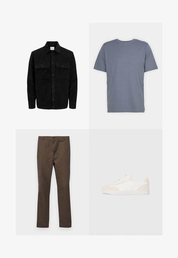 Svart kordfløyels knappjakke med to frontlommer med klaff og klassisk krage, lange ermer og ribbet tekstur.; Grå kortermet T-skjorte med rund hals, laget av myk bomullsblanding. Enkel design, ingen mønstre eller accenter.; Brune bomullsbukser med rett ben-design, med knappelukking og beltehemper, glatt tekstur uten mønstre eller detaljer.; Hvite sneakers med beige semsket skinn, teksturert overdel, rund tå, flat såle og fremtredende snøring. Minimalistisk design med logodetalj.