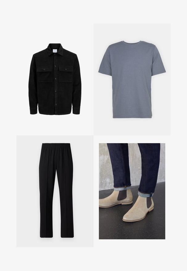 Black corduroy button-up jacket with two front flap pockets and a classic collar, long sleeves, and ribbed texture.; Gray short-sleeve T-shirt with a round neck, made of soft cotton blend fabric. Simple design, no patterns or accents.; Black, elastic-waist trousers with a straight-leg design, featuring a smooth texture and no visible patterns or hardware.; Zign LEATHER - Classic ankle boots - sand