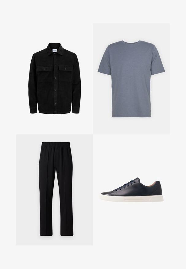 Black corduroy button-up jacket with two front flap pockets and a classic collar, long sleeves, and ribbed texture.; Gray short-sleeve T-shirt with a round neck, made of soft cotton blend fabric. Simple design, no patterns or accents.; Black, elastic-waist trousers with a straight-leg design, featuring a smooth texture and no visible patterns or hardware.; Navy leather sneakers with a smooth finish, flat white rubber sole, round toe, and six navy laces threaded through round eyelets.