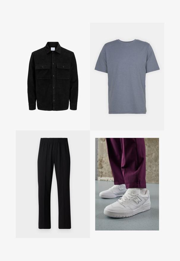 Černá kordurová košile s knoflíky, dvěma předními klopovými kapsami a klasickým límcem, dlouhými rukávy a vroubkovanou texturou.; Šedé tričko s krátkým rukávem a kulatým výstřihem, vyrobené z měkké bavlněné směsi. Jednoduchý design, bez vzorů nebo akcentů.; Černé kalhoty s elastickým pasem a rovnými nohavicemi, s hladkým povrchem a bez viditelných vzorů nebo kovových doplňků.; Bílé tenisky s hladkým syntetickým svrškem, perforovanými detaily a kontrastními šedými akcenty. Podešev je texturovaná pro lepší přilnavost. Vydáváno s fialovými kalhotami.