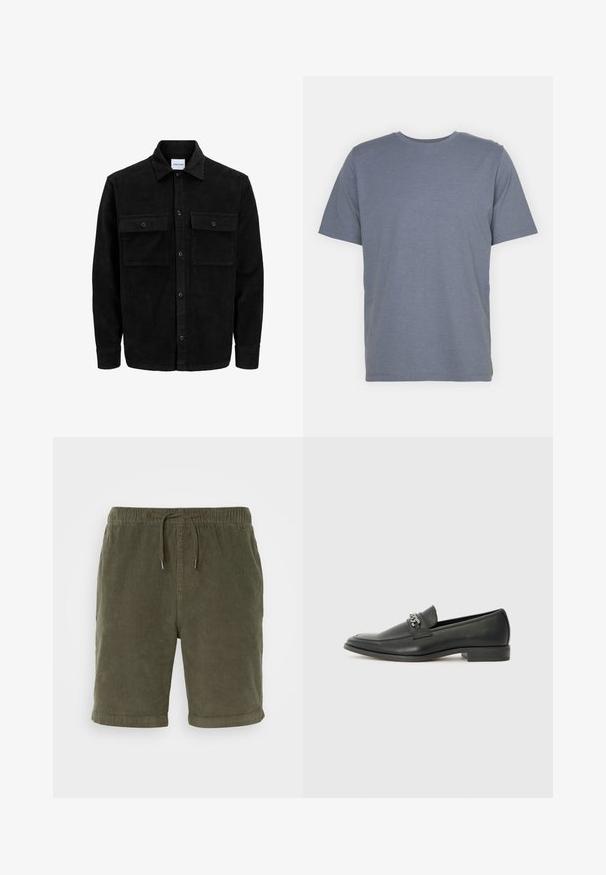 Czarna kurtka z korduru z guzikami, z dwoma przednimi kieszeniami na klapki oraz klasycznym kołnierzem, długimi rękawami i ryżowym splotem.; Szary t-shirt z krótkim rękawem i okrągłym dekoltem, wykonany z miękkiej bawełnianej mieszanki. Prosty design, bez wzorów ani akcentów.; Oliwkowe szorty z kordurojowej tkaniny z elastycznym pasem, regulowanym sznurkiem i podwiniętymi nogawkami. Teksturowany materiał o miękkim wykończeniu.; Czarne skórzane mokasyny o gładkim wykończeniu, z haftowanym wzorem i dekoracyjnym akcentem z metalowego łańcucha na wierzchu. Płaska pięta.