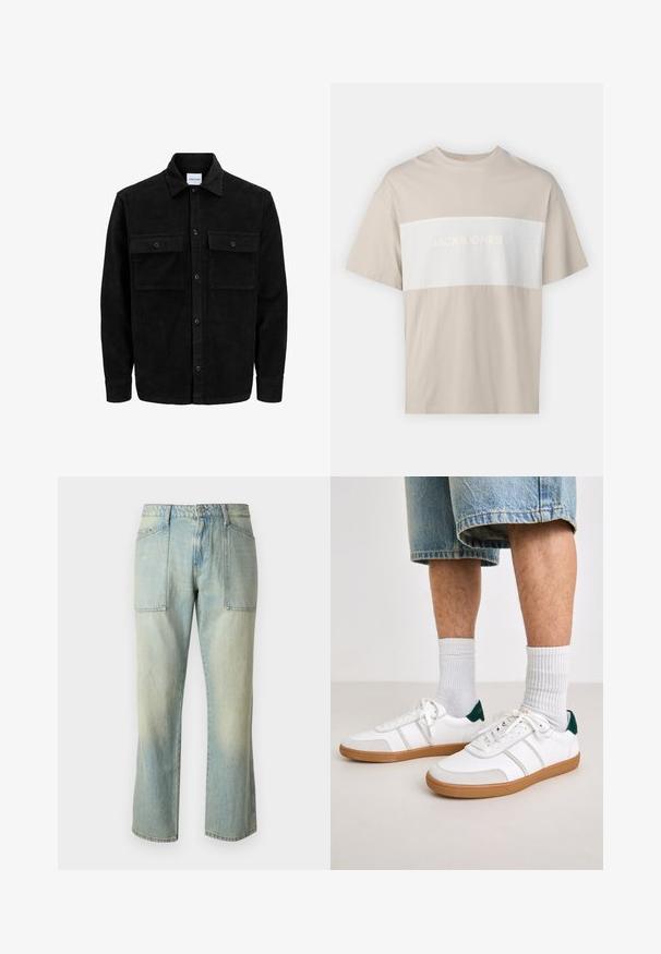 Giacca in corduroy nera con bottoni, due tasche anteriori con patta, colletto classico, maniche lunghe e texture a coste.; T-shirt in cotone beige con un pannello orizzontale bianco e la scritta "JACK & JONES ESSENTIALS WORLDWIDE" in lettere in rilievo. Maniche corte.; Jeans in denim azzurro chiaro con taglio dritto, cuciture visibili e due ampie tasche frontali. Il tessuto ha una texture sbiadita.; Sneakers bianchi con accenti verde sul tallone, suole in gomma color beige e strisce laterali grigio chiaro. Indossati con calze bianche a coste e pantaloni shorts in denim.