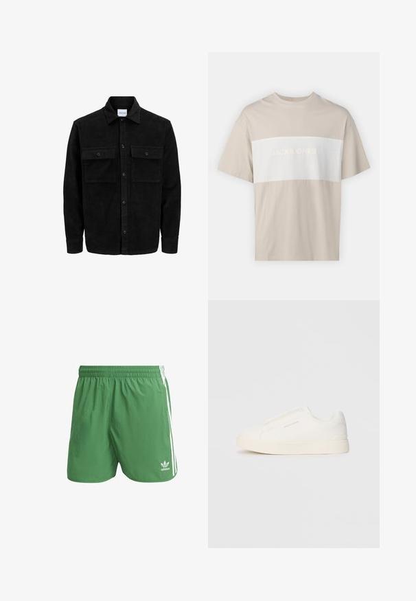 Czarna kurtka z korduru z guzikami, z dwoma przednimi kieszeniami na klapki oraz klasycznym kołnierzem, długimi rękawami i ryżowym splotem.; Beżowa bawełniana koszulka z krótkim rękawem z białą poziomą wstawką z wytłoczonym napisem "JACK & JONES ESSENTIALS WORLDWIDE".; Zielone szorty sportowe wykonane z lekkiego materiału, z białymi paskami po bokach i logo Adidas na lewym dolnym brzegu. Elastyczny pas.; Białe sneakersy wsuwane z teksturowanej powierzchni, grubą podeszwą i minimalistycznym designem. Zawierają logo marki z boku.