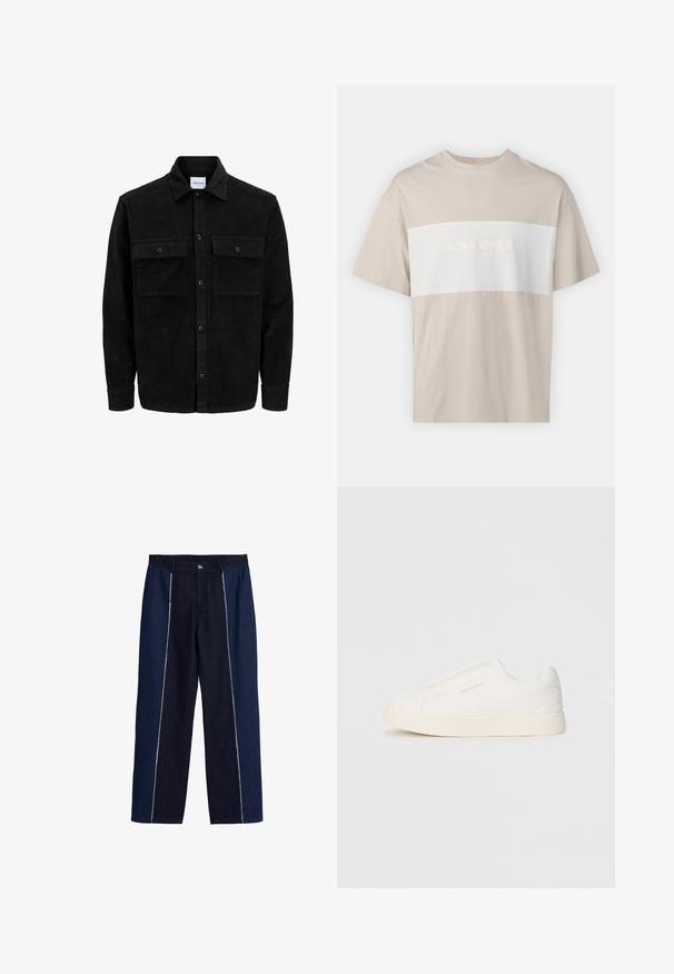 Crni kožni kord jakna na dugmad s dva prednja džepa s preklopom i klasičnim ovratnikom, dugim rukavima i rebrastom teksturom.; Bež pamučna majica s bijelim horizontalnim panelom na kojem je u reljefnom tisku tekst "JACK & JONES ESSENTIALS WORLDWIDE". Kratki rukavi.; Traperice s širokim nogavicama, s kontrastnim tamnoplavim panelima i bijelim šavovima duž stranica. Prednje zatvaranje na gumb.; Bijele slip-on tenisice s teksturiranom površinom, debelim đonom i minimalističkim dizajnom. Sadrže logo branda sa strane.
