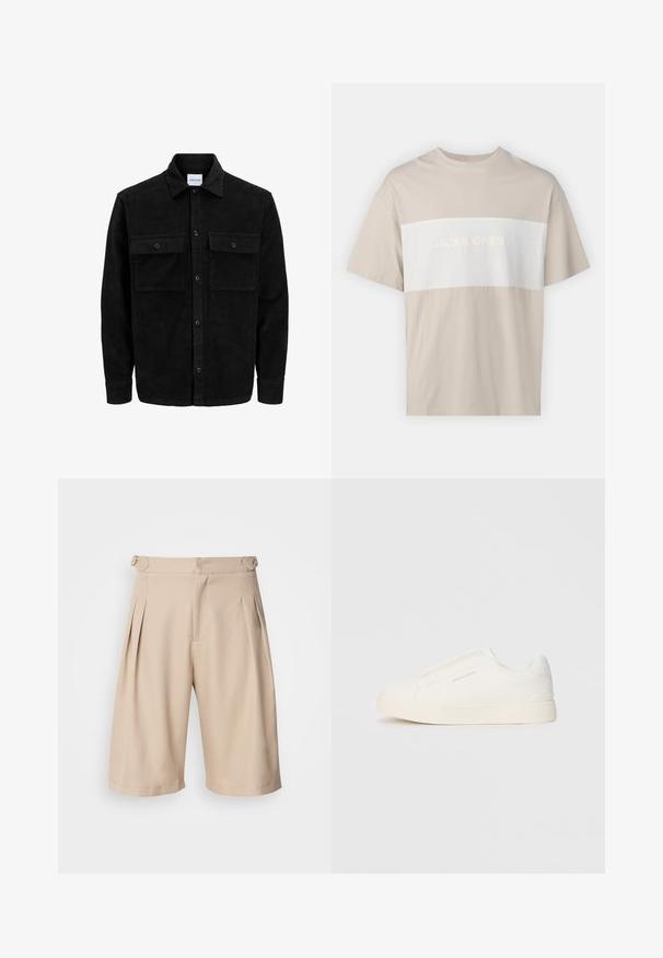 Melnas kordūru pogu jaka ar divām priekšējām atloka kabatām un klasisku apkakli, garām piedurknēm un ribotu tekstūru.; Bēšas kokvilnas t-krekls ar baltu horizontālu paneļu, kurā ir uzraksts "JACK & JONES ESSENTIALS WORLDWIDE" reljefā drukā. Īsas piedurknes.; Bejas plisētas šortus ar pielāgotu dizainu, kuriem ir gluda faktūra un sānu kabatas, nostiprināti ar paslēptu rāvējslēdzēju jostas vietā.; Baltas slip-on sporta apavi ar teksturētu virsmu, biezu zoli un minimālistisku dizainu. Sānos redzams zīmola logotips.