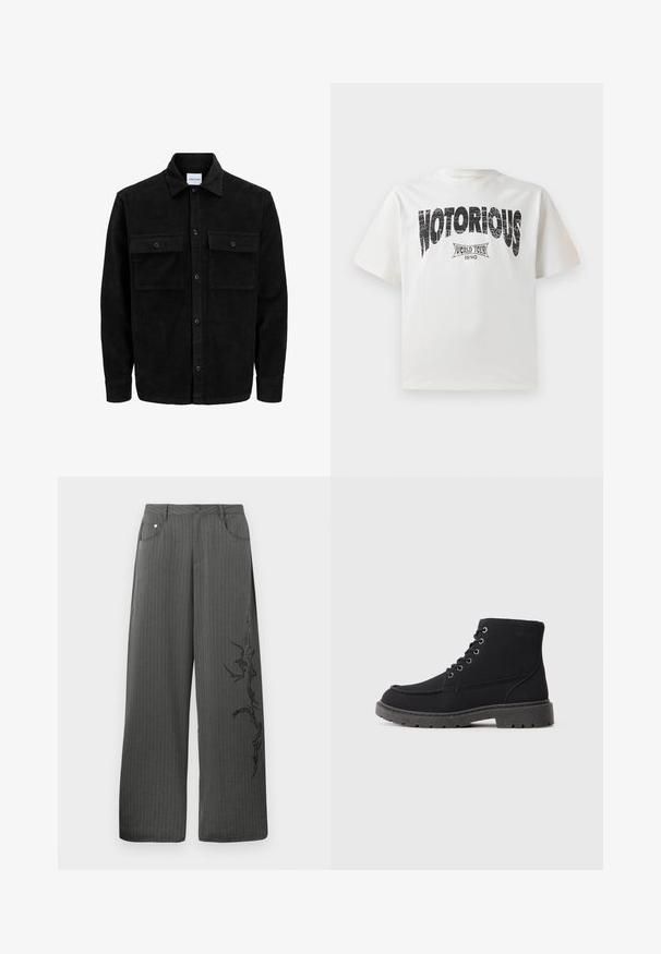Svart kordfløyels knappjakke med to frontlommer med klaff og klassisk krage, lange ermer og ribbet tekstur.; Hvit bomull t-skjorte med korte ermer, med dristig svart "NOTORIOUS" grafisk tekst og "WORLD TOUR 1990" design under i slitt trykk.; Bredde ben, stripete bukser i mørkegrått stoff, med frontlommer og et svart dekorativt trykk på venstre side.; Svarte ankelstøvler laget av teksturert materiale med flat såle, rund tå og seks hull for snøring. Forsterket søm langs kanten.