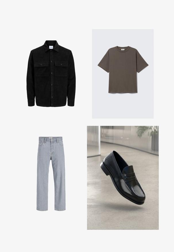 Schwarze Corduroy-Button-Up-Jacke mit zwei frontalem Klappentaschen und klassischem Kragen, langen Ärmeln und gerippter Textur.; Dunkelgrünes Baumwoll-T-Shirt mit Rundhalsausschnitt, kurzen Ärmeln und lockerer Passform, mit einem Etikett, auf dem "WEEKDAY" steht.; Helle blaue Jeans aus Denim mit lockerer Passform, geradem Bein, sichtbaren Nähten, zwei vorderen Taschen und einem Knopfverschluss.; Schwarze Leder-Loafer mit glatter Oberfläche, abgerundeter Spitze, dekorativen Nähten und leicht erhöhtem Absatz.