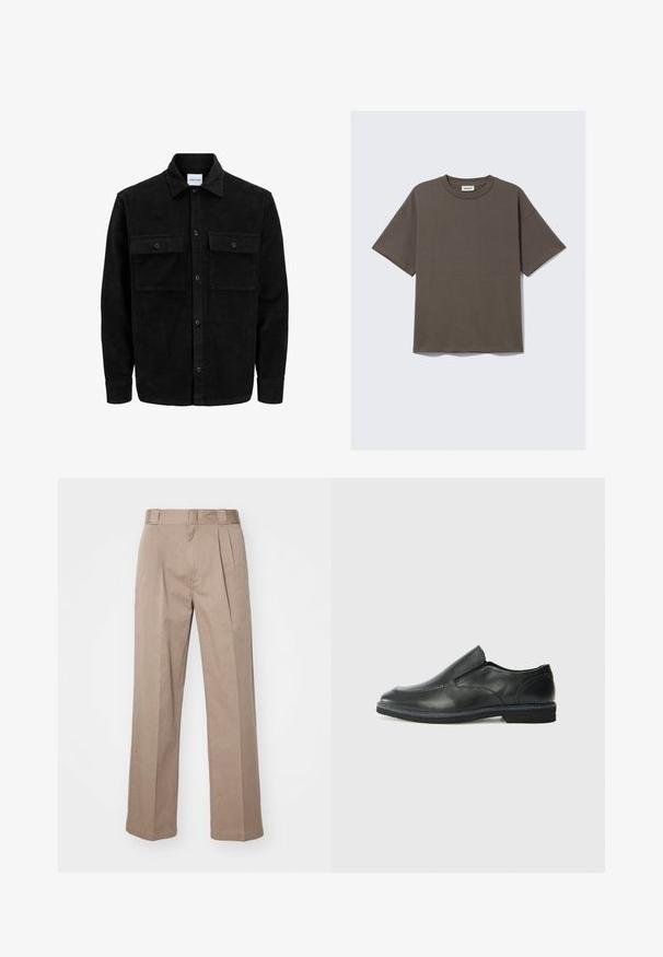 Black corduroy button-up jacket with two front flap pockets and a classic collar, long sleeves, and ribbed texture.; Dark green cotton t-shirt with a crew neckline, short sleeves, and a relaxed fit, featuring a label that reads "WEEKDAY."; Beige, high-waisted trousers with a wide-leg design. Features two front pleats and a smooth texture. Standard length with a clean finish.; Black leather slip-on shoe with a smooth upper, stitched accents, rounded toe, and a low rubber heel. Sole features minimal tread.