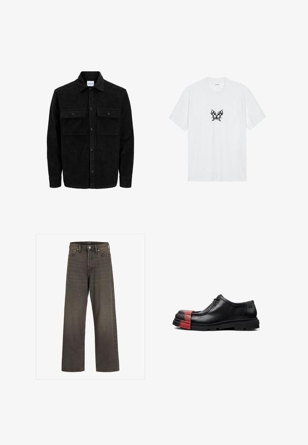 Giacca in corduroy nera con bottoni, due tasche anteriori con patta, colletto classico, maniche lunghe e texture a coste.; T-shirt bianco in cotone con maniche corte e collo tondo. Presenta una grafica centrale di una farfalla con motivo a fiamme nere. Texture liscia.; Jeans a gamba larga in denim grigio scuro, con vita alta, design classico a cinque tasche e cuciture a contrasto lungo le cuciture.; Scarpa di pelle nera con punta arrotondata, caratterizzata da un cappuccio in gomma rossa. Il design include lacci e una suola spessa e testurizzata nera.