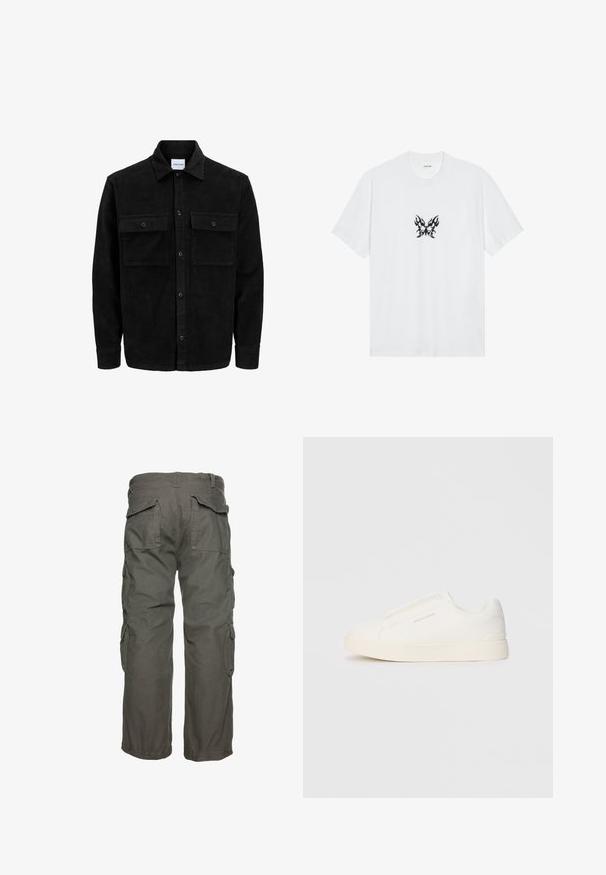 Črna kordurojska jakna z gumbi, z dvema sprednjima žepoma z zavihkom in klasičnim ovratnikom, dolgimi rokavi ter rebrasto teksturo.; Bela bombažna majica s kratkimi rokavi in krožnim izrezom. Ima osrednji črni grafični motiv metulja z vzorcem plamenov. Gladka tekstura.; Cargo hlače v olivno zeleni barvi, ki imajo več stranskih žepov, sproščen kroj in prilagodljive manšete za varno prileganje. Trpežna bombažna tkanina.; Bele zapete brez vezalk z teksturirano površino, debelim podplatom in minimalističnim dizajnom. Na strani se nahaja logotip blagovne znamke.