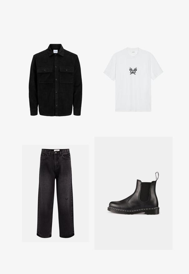 Czarna kurtka z korduru z guzikami, z dwoma przednimi kieszeniami na klapki oraz klasycznym kołnierzem, długimi rękawami i ryżowym splotem.; Biała bawełniana koszulka z krótkimi rękawami i okrągłym dekoltem. Zawiera centralny czarny graficzny wzór motyla w kształcie płomienia. Gładka faktura.; Czarne dżinsy denimowe o szerokim kroju, z pięcioma kieszeniami, materiałowym paskiem i subtelnym logo przy kolanie.; Czarne skórzane botki Chelsea z elastycznymi panelami bocznymi, okrągłym noskiem, pętelką do zakładania, białym przeszyciem na podeszwie i teksturowaną gumową podeszwą.
