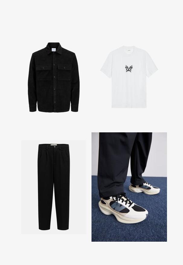 Čierna kordúrová bunda s gombíkmi, dvoma prednými vreckami so záklopkou a klasickým golierom, dlhými rukávmi a ryhovanou textúrou.; Biela bavlnená tričko s krátkymi rukávmi a okrúhlym výstrihom. S centralným grafickým motívom čierneho motýľa so vzorom plameňa. Hladká textura.; Čierne nohavice vyrobené z mäkkej látky, so strihom s rovným nohavicami, prednými záhybmi a gombíkovým zapínaním v páse.; Biele a čierne tenisky s textúrovanými prekrytiami a modrým akcentom, s mohutnou podrážkou a čiernymi šnúrkami, v kombinácii s čiernymi nohavicami.