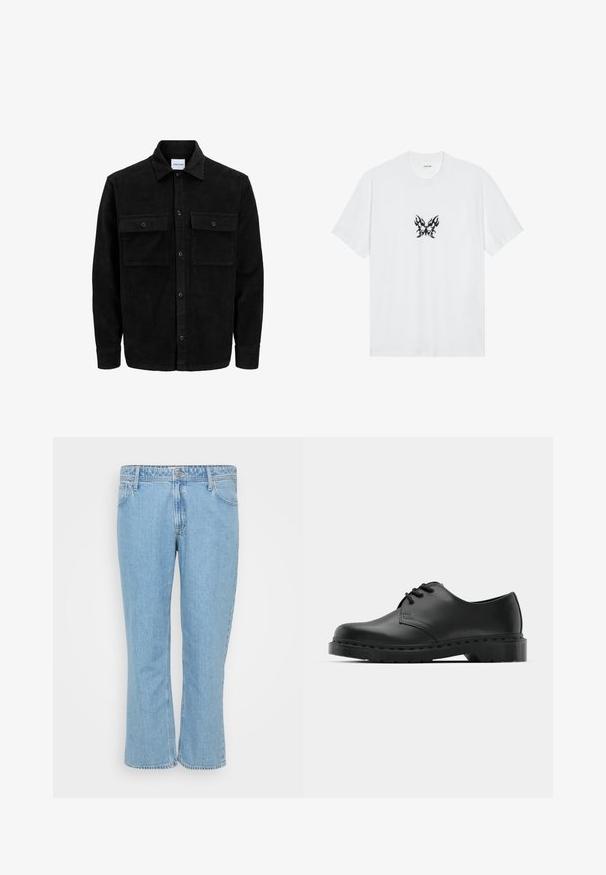 Veste en velours côtelé noire à boutons, avec deux poches à rabat à l'avant et un col classique, des manches longues et une texture côtelée.; T-shirt en coton blanc à manches courtes et col rond. Présente un graphique central de papillon avec un motif de flammes noires. Texture lisse.; Jean en denim bleu clair avec une coupe droite, doté d'un style à cinq poches et d'un bouton à la taille.; Chaussure oxford en cuir noir avec un design à lacets, bout rond, semelle en caoutchouc plate et détails de surpiqûre discrets le long du dessus.