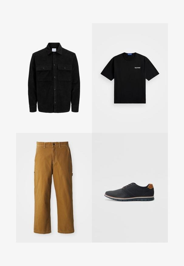 Schwarze Corduroy-Button-Up-Jacke mit zwei frontalem Klappentaschen und klassischem Kragen, langen Ärmeln und gerippter Textur.; Schwarzes Baumwoll-T-Shirt mit Rundhalsausschnitt und kurzen Ärmeln. Mit "POLO SPORT"-Logo auf der linken Brust in Weiß. Normale Passform.; Braune Baumwollhosen mit geradem Schnitt, verstärkten Nähten und seitlichen Taschen. Mit Knopfverschluss und Gürtelschlaufen am Bund.; Schwarze synthetische Schuhe mit einer strukturierten Oberseite, glatten Akzenten, braunem Absatz und einer kontrastierenden Sohle. Verfügt über minimale Schnürung und Nähdetails.