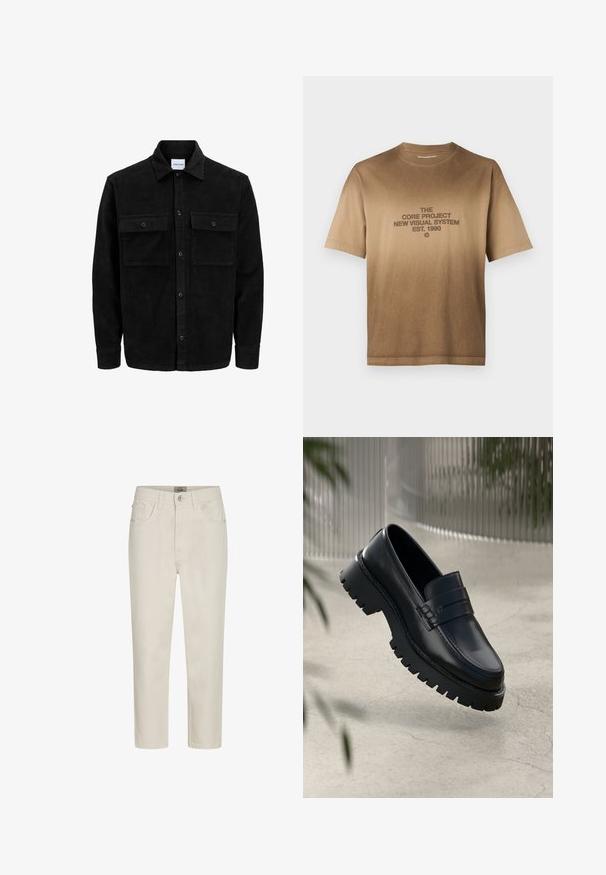 Mustmustöös nupuga jope, millel on kaks eesmist klapiga taskut ja klassikaline kaelus, pikad varrukad ning ribakujuline tekstuur.; Pruun puuvillane T-särk lühikeste varrukatega, millel on keskel tumepruunis tekstiga graafika. Klassikaline ümar kaelus, sirge äär.; Beesedžid, sirged sääred, nupuga esiosa, vöökonksud ja viie-tasku disain, esitatud valgel taustal.; Mustad nahkseid loafereid paksu tallaga, kaunistatud rihma ja õmbluse detailidega. Siledat tekstuuri kaunistab läikiv viimistlus.