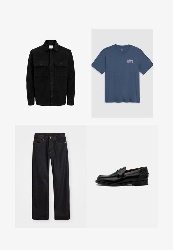 Mustmustöös nupuga jope, millel on kaks eesmist klapiga taskut ja klassikaline kaelus, pikad varrukad ning ribakujuline tekstuur.; Sinine puuvillane T-särk, millel on ümmargune kaelus ja lühikesed varrukad. Vasakul rindkere piirkonnas on trükitud valge "Levi's" logo. Lihtne disain.; Meeste sirge jala mustad denim teksad viie taskuga, oranž õmblus, nupu ja tõmblukuga ees nagu vöökoht.; Mustad nahast mokassiine, mis on veidi piklikud, kaunistatud õmblusdetailidega ja väike konts. Sile, läikiv pind.