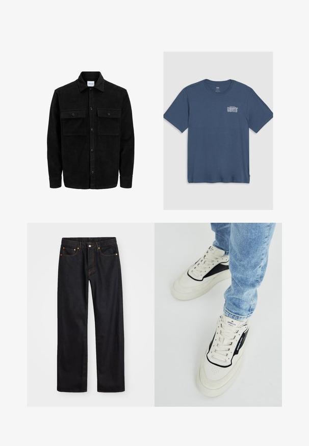 Mustmustöös nupuga jope, millel on kaks eesmist klapiga taskut ja klassikaline kaelus, pikad varrukad ning ribakujuline tekstuur.; Sinine puuvillane T-särk, millel on ümmargune kaelus ja lühikesed varrukad. Vasakul rindkere piirkonnas on trükitud valge "Levi's" logo. Lihtne disain.; Meeste sirge jala mustad denim teksad viie taskuga, oranž õmblus, nupu ja tõmblukuga ees nagu vöökoht.; Kreem värvi nahast ülemise osaga sneakersid, musta nubukiga aksendid, perforatsiooniga varbaosa ja valge tald. Paelad ja bränding keeles on nähtavad.