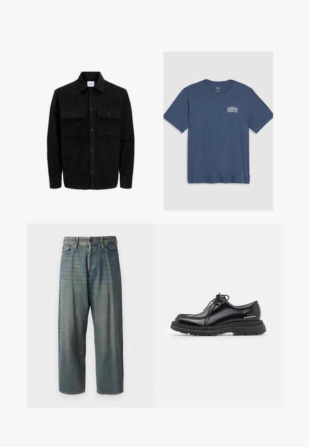 Mustmustöös nupuga jope, millel on kaks eesmist klapiga taskut ja klassikaline kaelus, pikad varrukad ning ribakujuline tekstuur.; Sinine puuvillane T-särk, millel on ümmargune kaelus ja lühikesed varrukad. Vasakul rindkere piirkonnas on trükitud valge "Levi's" logo. Lihtne disain.; Heledad sinine denim-stiilis teksad, volüümse lõike, keskmise kõrgusega talje ja sirgete säärega. Omab viit taskut, vöökumme ja nööpide sulgemist.; Must värviline nahast king, millel on ümar varvas, paks kummitald, nööpe sisse tõmmatud disain ja silmapaistev õmblus ääre ümber.