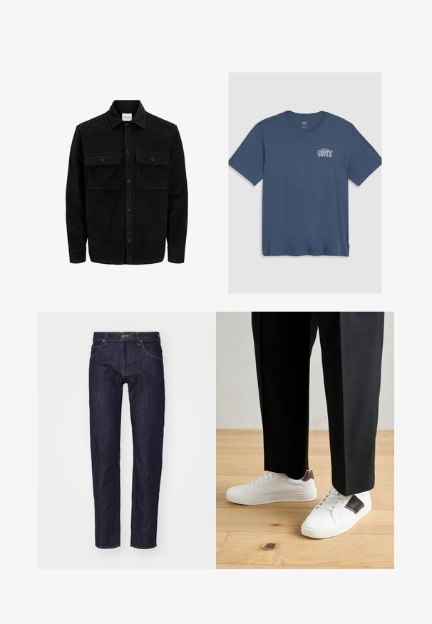 Juodas velveto mygtukų švarkas su dviem priekiniais kišenėmis su atvartais, klasikiniu apykakle, ilgomis rankovėmis ir raukšlėtu paviršiumi.; Mėlyna medvilninė marškinėliai su apvalia iškirpte ir trumpomis rankovėmis. Kairėje krūtinės pusėje yra baltas "Levi's" logotipas. Paprastas dizainas.; Tamsiai mėlynos džinsinės kelnės su tiesiu kirpimu, penkių kišenių dizainu, kontrastingomis geltonomis siūlėmis ir metaliniu mygtuko užsegimu juosmens srityje.; Balti sportbačiai su glotnia danga, puošti rudais odiniais akcentais ir juodais detalėmis, derinami su juodais pritaikytais kelnėmis. Medinių grindų fonas.
