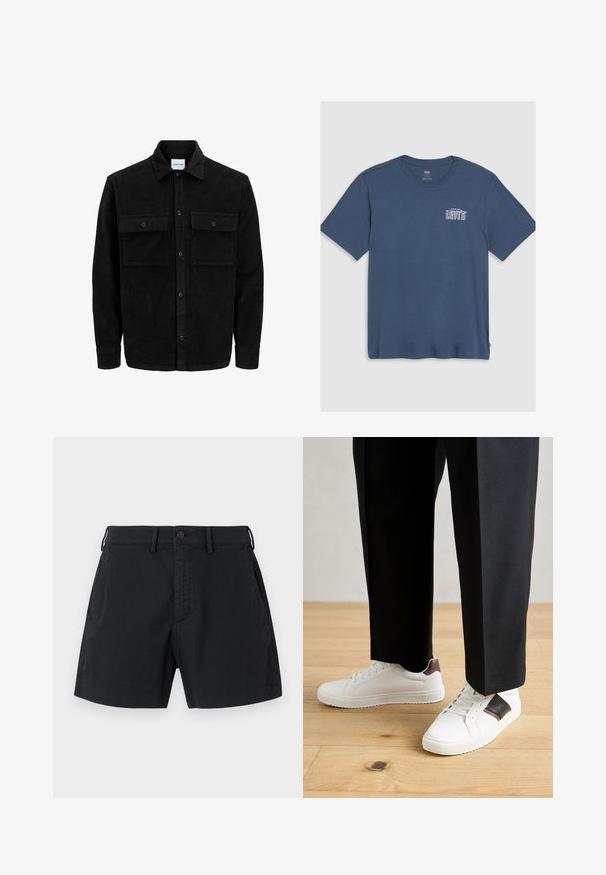 Zwarte corduroy knopenjack met twee voorste klepzakken en een klassieke kraag, lange mouwen en ribbelstructuur.; Blauwe katoenen t-shirt met een ronde hals en korte mouwen. Een wit "Levi's" logo is gedrukt op het linker borstgedeelte. Eenvoudig ontwerp.; Zwarte katoenen shorts met een knoopsluiting in de taille, zijzakken en een recht gesneden ontwerp. Gladde textuur met een minimalistische esthetiek.; Witte sneakers met een gladde textuur, voorzien van bruine lederen accenten en zwarte details, gecombineerd met zwarte maatpakken. Achtergrond van houten vloeren.