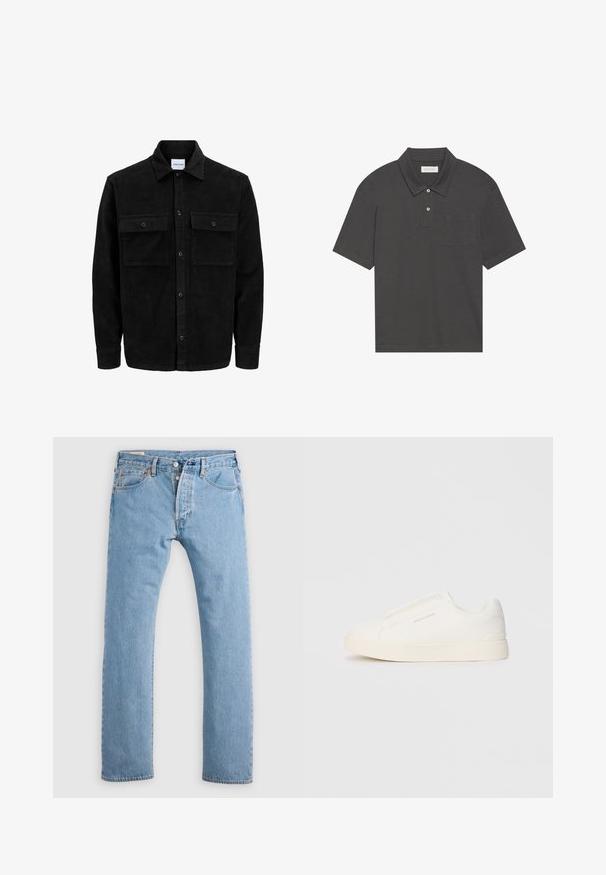 Svart kordfløyels knappjakke med to frontlommer med klaff og klassisk krage, lange ermer og ribbet tekstur.; Mørk grå polo skjorte med tradisjonell krage, tre knapper foran, korte ermer og lomme på venstre bryst. Glatt tekstur på stoffet.; Lyseblå rettskaftede denimjeans med knappeåpning, beltehemper og front- og baklommer, vist på en hvit bakgrunn.; Hvite slip-on joggesko med teksturert overflate, tykk såle og minimalistisk design. Har merkevarelogo på siden.