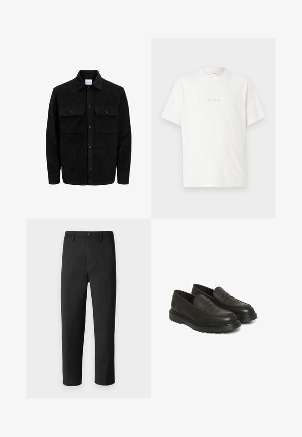 Schwarze Corduroy-Button-Up-Jacke mit zwei frontalem Klappentaschen und klassischem Kragen, langen Ärmeln und gerippter Textur.; Weißes Baumwoll-T-Shirt mit Rundhalsausschnitt, kurzen Ärmeln und einem kleinen Logo-Aufdruck auf der Vorderseite. Glatte Textur und lässige Passform.; Schwarze Hose mit geradem Schnitt, aus glattem Stoff gefertigt. Verfügt über einen Knopfverschluss und Gürtelschlaufen. Keine sichtbaren Muster oder Akzente.; Braune Lederschlüpfschuhe mit glatter Oberfläche, gepolstertem Kragen und strukturiertem Design. Verfügt über eine schwarze Gummisohle mit Rillenmuster.