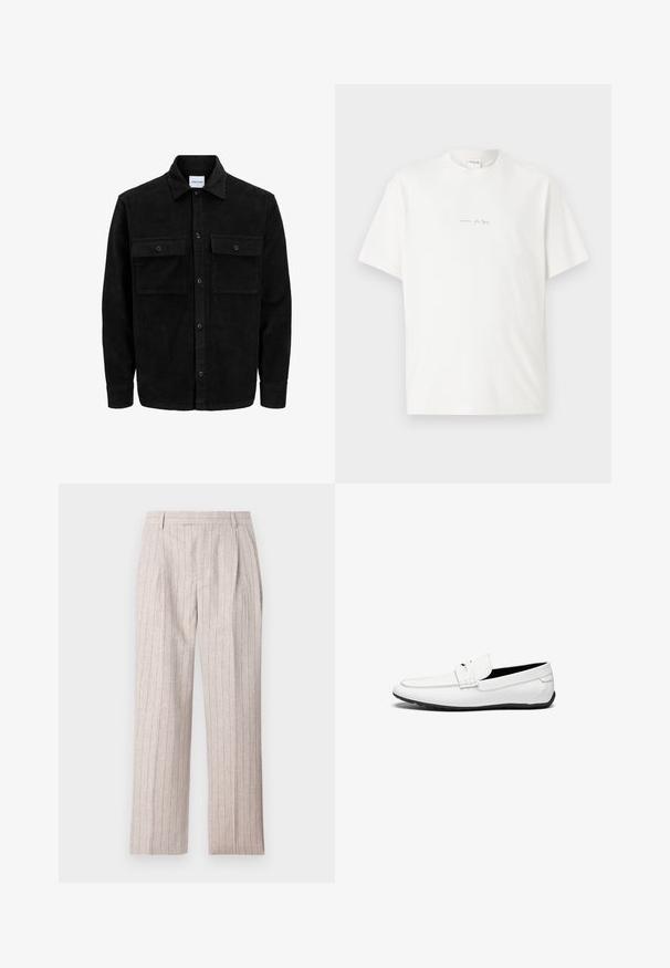 Svart kordfløyels knappjakke med to frontlommer med klaff og klassisk krage, lange ermer og ribbet tekstur.; Hvit bomulls t-skjorte med rund hals, korte ermer, og en liten trykket logo på forsiden. Glatt tekstur og avslappet passform.; Lys beige, høy midje bukser laget av teksturert stoff. Har vertikale striper, legg foran og vide ben.; Hvite lær loafers med en glatt finish, som har en sydd detalj, en avrundet tå, og en svart gummisåle for godt grep.