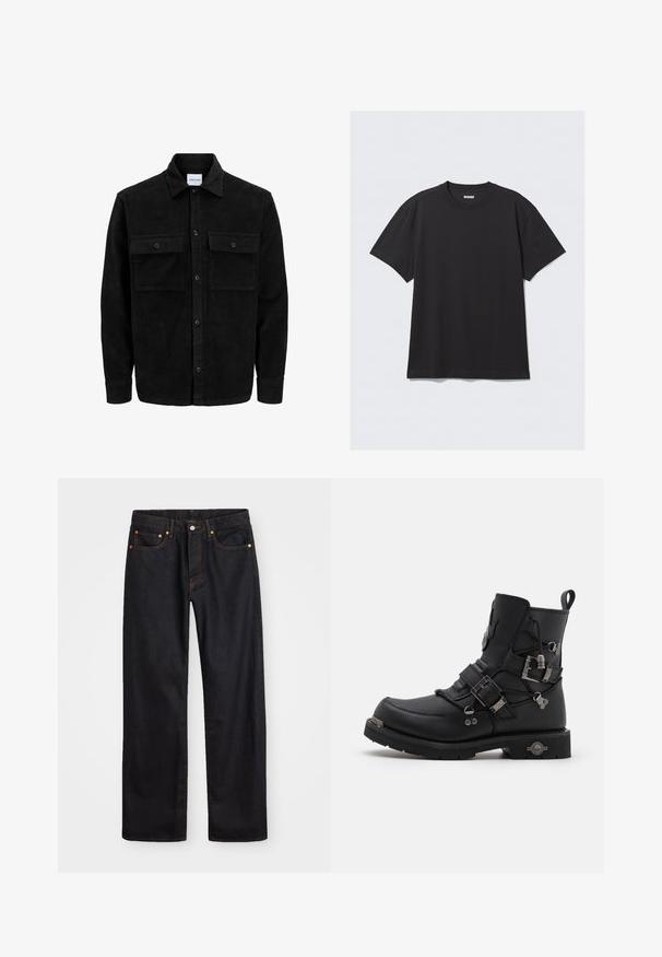 Chaqueta de pana negra con botones, dos bolsillos delanteros con solapa y un cuello clásico, mangas largas y textura acanalada.; Camiseta de algodón de manga corta en color negro. Cuenta con un cuello redondo y un corte relajado. Diseño sencillo sin patrones ni acentos visibles.; Jeans de mezclilla negros de pierna recta para hombre, con cinco bolsillos y costuras en color naranja, cierre de botón y cremallera en la parte delantera de la cintura.; Botines de cuero negro con hardware metálico, múltiples correas, puntera redonda, superficie texturizada y una suela de goma gruesa con un acento decorativo.