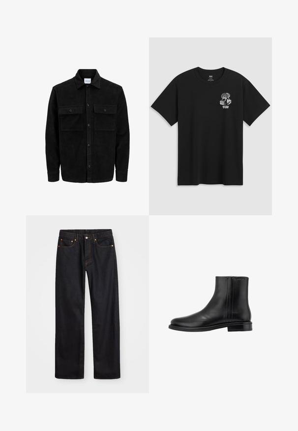 Czarna kurtka z korduru z guzikami, z dwoma przednimi kieszeniami na klapki oraz klasycznym kołnierzem, długimi rękawami i ryżowym splotem.; Czarny bawełniany t-shirt z białym graficznym wzorem przedstawiającym elementy drzewa i buta. Okrągły dekolt i krótkie rękawy w luźnym fasonie.; Męskie jeansy w prostym kroju, czarne, z pięcioma kieszeniami oraz pomarańczowymi strefami, z zapięciem na guzik i zamek z przodu w pasie.; Czarny skórzany półbucik za kostkę o gładkim wykończeniu, zaokrąglonym nosku, niskim obcasie, elastycznych wstawkach po bokach oraz wytłoczonym logo z tyłu.