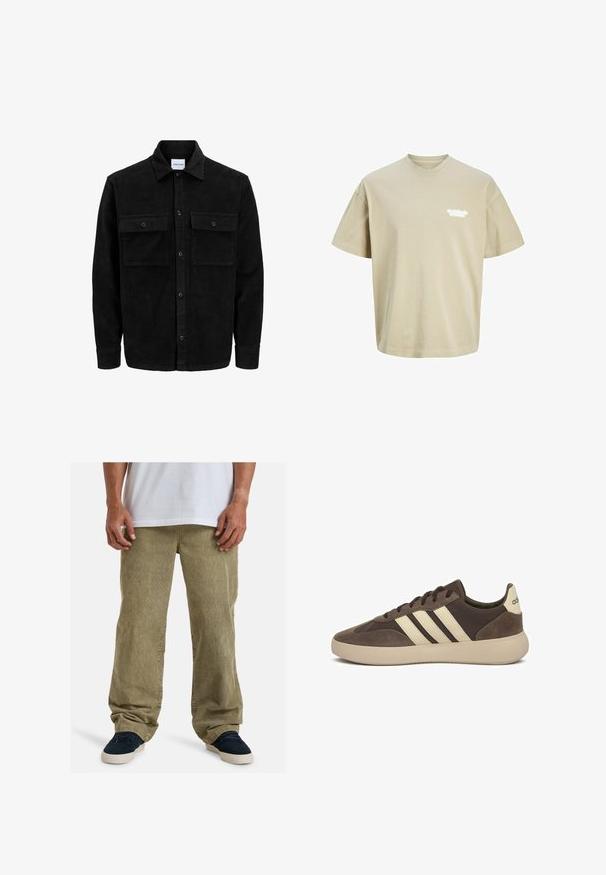 Chaqueta de pana negra con botones, dos bolsillos delanteros con solapa y un cuello clásico, mangas largas y textura acanalada.; Camiseta de algodón beige con cuello redondo y mangas cortas, que presenta un logo blanco impreso en el lado izquierdo del pecho. Diseño simple y de corte relajado.; Pantalones de pana verde oliva con un corte relajado, que presentan piernas rectas, bolsillos laterales y textura visible gracias a la tela estriada.; Zapatilla de gamuza marrón con tres rayas blancas, punta redondeada, suela gruesa de goma y marca mínima en el talón.