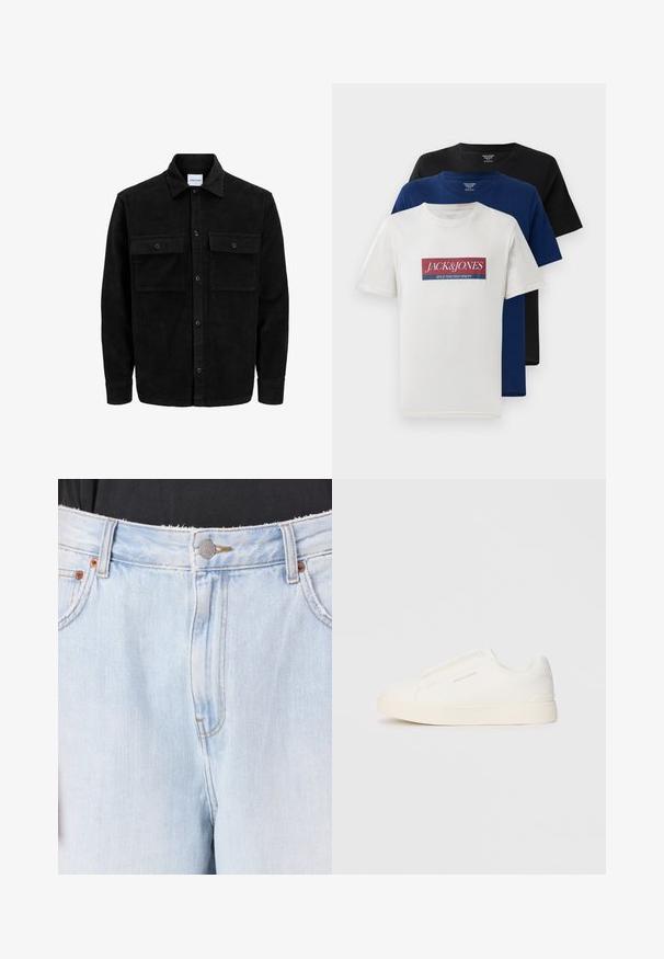 Zwarte corduroy knopenjack met twee voorste klepzakken en een klassieke kraag, lange mouwen en ribbelstructuur.; Drie gestapelde korte mouwen crew neck t-shirts in het wit met rood en blauw logo, marineblauw en zwart, weergegeven op een witte achtergrond.; Lichtblauwe denim jeans met een rafelige zoom, zilveren knoopsluiting en koperen klinknagels. Heeft zichtbare stiksel en gevoerde zakken aan de voorkant.; Witte instap sneakers met een gestructureerd oppervlak, een dikke zool en een minimalistisch ontwerp. Bevat het merklogo aan de zijkant.