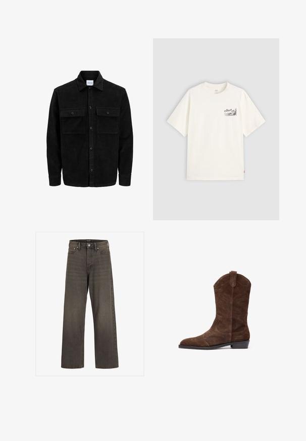 Juodas velveto mygtukų švarkas su dviem priekiniais kišenėmis su atvartais, klasikiniu apykakle, ilgomis rankovėmis ir raukšlėtu paviršiumi.; Balta trumpa rankovė t-shirt pagaminta iš medvilnės, su juodu grafiniu dizainu kairėje krūtinės pusėje, ant kurio užrašyta žodis "Fresh."; Plati kojinės džinsai tamsiai pilkos spalvos džinsinio audinio, su aukštu liemeniu, klasikinio penkių kišenių dizainu ir kontrastinga siuvimo linija siūlėse.; Rudos suedes kaubojiški batai su smailiu kojų pirštu, iškiliais siuvinėjimo raštais ir žema pakylimu. Yra šoninės kilpos, skirtos patogiam užsidėjimui.