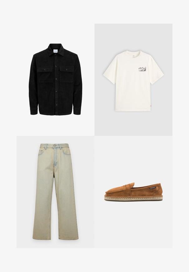 Chaqueta de pana negra con botones, dos bolsillos delanteros con solapa y un cuello clásico, mangas largas y textura acanalada.; Camiseta blanca de manga corta hecha de algodón, con un diseño gráfico negro en la zona del pecho izquierdo que dice "Fresh."; Jeans de pierna ancha de color azul claro, fabricados en denim con un acabado desgastado. Cuenta con cinco bolsillos y un cierre frontal de botón.; Zapato slip-on de ante marrón con punta redondeada, que presenta una suela de yute trenzado y una pequeña correa decorativa en la parte delantera.