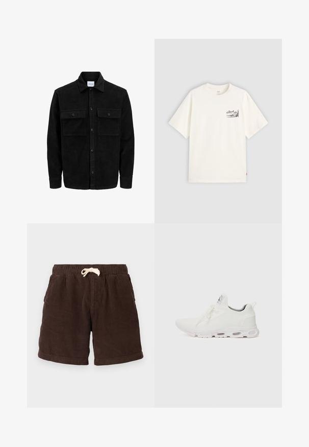 Crni kožni kord jakna na dugmad s dva prednja džepa s preklopom i klasičnim ovratnikom, dugim rukavima i rebrastom teksturom.; Bijela majica s kratkim rukavima od pamuka, s crnim grafičkim dizajnom na lijevoj strani prsnog dijela s riječju "Fresh."; Smeđi kordura šortsevi s elastičnom waistband, zatvaranjem na vezicu i bočnim džepovima. Tkanina ima vertikalne rebraste uzorke i teksturiranu površinu.; Bijele atletske tenisice s gornjim dijelom od teksturiranog pletenog materijala, ravnim vezicama i jastučićem u potplatu s vidljivim zračnim komorama radi dodatne potpore.